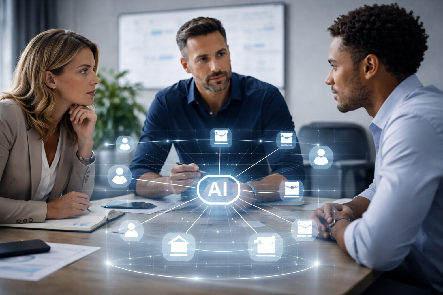 Product leadership team analyzing AI-driven workflow connecting users to products through a central AI layer